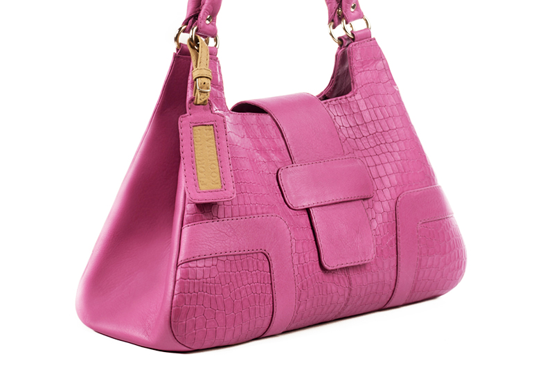 Fuschia pink women's dress handbag, matching pumps and belts. Front view - Florence KOOIJMAN